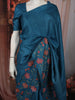 Deep Teal Blue Floral Vine Thread Embroidered Design Pure Tussar Silk Fancy Saree with Thread Work Border
