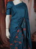 Deep Teal Blue Floral Vine Thread Embroidered Design Pure Tussar Silk Fancy Saree with Thread Work Border