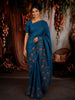 Deep Teal Blue Floral Vine Thread Embroidered Design Pure Tussar Silk Fancy Saree with Thread Work Border