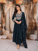 Deep Teal Blue Floral Vine Thread and Beads Embroidered Design Pure Cotton Anarkali Salwar Suit with Matching Dupatta