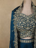 Deep Teal Blue Floral Zari Embroidered Design Georgette Indo Western Skirt Top  with Over Coat