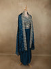 Deep Teal Blue Floral Zari Embroidered Design Georgette Indo Western Skirt Top  with Over Coat