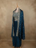 Deep Teal Blue Floral Zari Embroidered Design Georgette Indo Western Skirt Top  with Over Coat