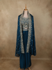 Deep Teal Blue Floral Zari Embroidered Design Georgette Indo Western Skirt Top  with Over Coat