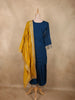 Deep Teal Blue Floral Zari Embroidered Design Silk Salwar Suit with Contrast Yellow Dupatta