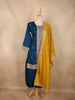Deep Teal Blue Floral Zari Embroidered Design Silk Salwar Suit with Contrast Yellow Dupatta