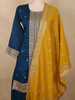 Deep Teal Blue Floral Zari Embroidered Design Silk Salwar Suit with Contrast Yellow Dupatta