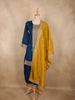 Deep Teal Blue Floral Zari Embroidered Design Silk Salwar Suit with Contrast Yellow Dupatta