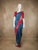 Deep Teal Blue Gold Zari Striped Design Semi Tussar Saree with Contrast Border