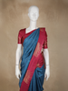 Deep Teal Blue Gold Zari Striped Design Semi Tussar Saree with Contrast Border