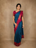 Deep Teal Blue Gold Zari Striped Design Semi Tussar Saree with Contrast Border