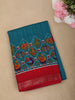 Deep Teal Blue Ikat Printed Design Mixed Cotton Saree with Zari Border