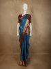 Deep Teal Blue Mini checked and Butta Zari Woven Design Pure Kanchipuram Silk Saree with Contrast  Peacock Zari Border