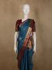 Deep Teal Blue Mini checked and Butta Zari Woven Design Pure Kanchipuram Silk Saree with Contrast  Peacock Zari Border