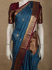 Deep Teal Blue Mini checked and Butta Zari Woven Design Pure Kanchipuram Silk Saree with Contrast  Peacock Zari Border