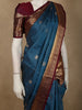 Deep Teal Blue Mini checked and Butta Zari Woven Design Pure Kanchipuram Silk Saree with Contrast  Peacock Zari Border