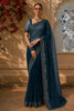 Deep Teal Blue Stone Embellished Design Net Party Wear Saree with Floral Thread Work Border