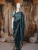 Deep Teal Blue Stone Embellished Design Net Party Wear Saree with Floral Thread Work Border