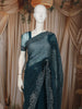 Deep Teal Blue Stone Embellished Design Net Party Wear Saree with Floral Thread Work Border