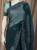Deep Teal Blue Stone Embellished Design Net Party Wear Saree with Floral Thread Work Border