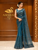 Deep Teal Green All Over Heavy Sequins and Beads Embroidered Design Net Party Wear Saree with Scalloped Designer Border