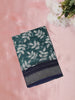 Deep Teal Green Floral Printed Design Linen Cotton Saree