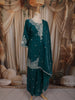 Deep Teal Green Floral Sequins and Zari Embroidered Design Organza Palazzo Suit