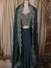 Deep Teal Green Floral Zari Embroidered Design Satin Skirt and Top with Over Coat