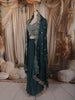Deep Teal Green Floral Zari Embroidered Design Satin Skirt and Top with Over Coat