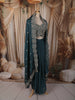 Deep Teal Green Floral Zari Embroidered Design Satin Skirt and Top with Over Coat