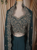 Deep Teal Green Floral Zari Embroidered Design Satin Skirt and Top with Over Coat