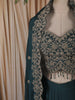Deep Teal Green Floral Zari Embroidered Design Satin Skirt and Top with Over Coat