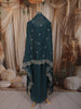 Deep Teal Green Floral Zari Embroidered Design Satin Skirt and Top with Over Coat