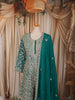 Deep Teal Green Floral Zari and Mirror Embroidered Design Chiffon Palazzo Suit with Matching Dupatta