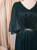 Deep Teal Green Metallic Shimmer Pleated A-Line Party Wear Gown with Cape Sleeves