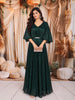 Deep Teal Green Metallic Shimmer Pleated A-Line Party Wear Gown with Cape Sleeves