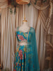 Deep Turquoise Blue Floral Printed and Lace Embroidered Design Chiffon Fancy Lehenga with Matching Dupatta