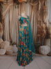Deep Turquoise Blue Floral Printed and Lace Embroidered Design Chiffon Fancy Lehenga with Matching Dupatta