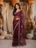 Deep Wine Abstract Stone Embellished Design Pure Organza Party Wear Saree with Designer Border