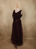Deep Wine Burgundy Pleated Design Net Party Wear Gown with Bow Waist Detail