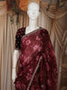 Deep Wine Floral Printed Design Pure Organza Saree with Scalloped Border