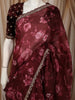 Deep Wine Floral Printed Design Pure Organza Saree with Scalloped Border