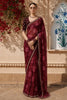 Deep Wine Floral Printed Design Pure Organza Saree with Scalloped Border