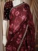 Deep Wine Floral Printed Design Pure Organza Saree with Scalloped Border