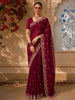 Deep Wine Floral Sequins and Thread Embroidered Design Pure Tussar Saree with Scalloped Border