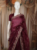 Deep Wine Floral Sequins and Thread Embroidered Design Pure Tussar Saree with Scalloped Border