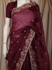 Deep Wine Floral Sequins and Thread Embroidered Design Pure Tussar Saree with Scalloped Border