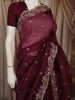 Deep Wine Floral Sequins and Thread Embroidered Design Pure Tussar Saree with Scalloped Border