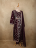 Deep Wine Floral Thread Embroidered Design Cotton Salwar Suit with Dupatta