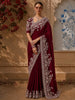 Deep Wine Floral Thread Embroidered Design Pure Tussar Saree with Designer Border